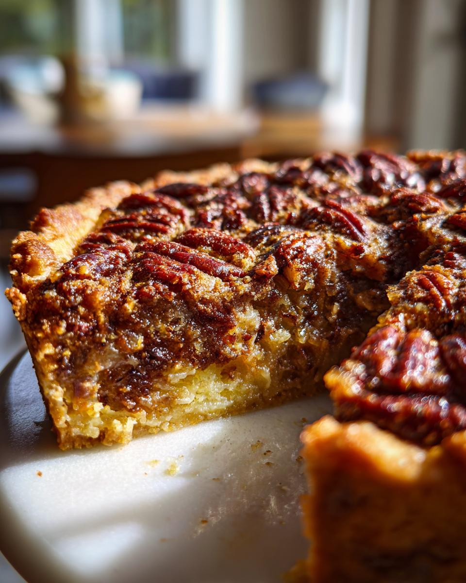 A close-up of a slice of pecan pie dump cake on a white marble plate, showcasing the gooey filling and pecan topping.