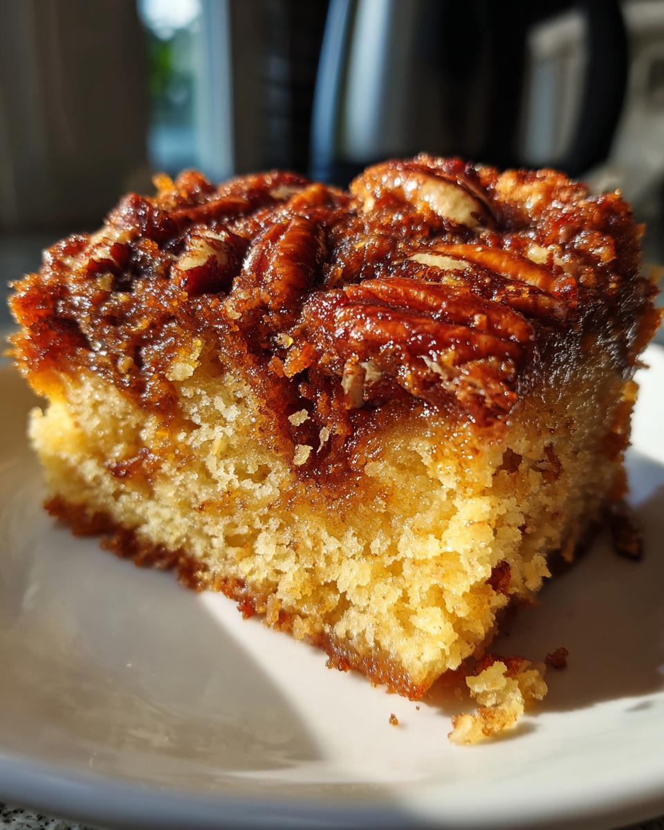 A close-up of a delicious slice of pecan pie dump cake on a white plate, showcasing the moist cake and gooey pecan topping.