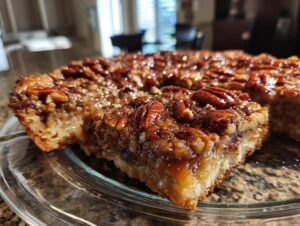 A close-up of a slice of pecan pie dump cake, showcasing a gooey pecan topping and moist cake base.