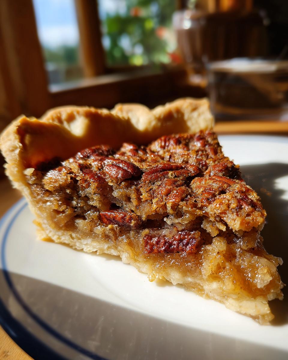 A delicious slice of pecan pie dump cake on a white plate, showcasing a flaky crust and gooey pecan filling.