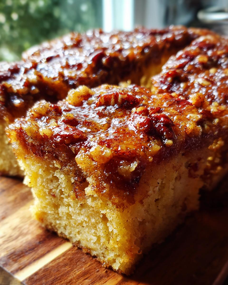 A close-up of a slice of pecan pie dump cake on a wooden board, showcasing the gooey pecan topping and moist cake.