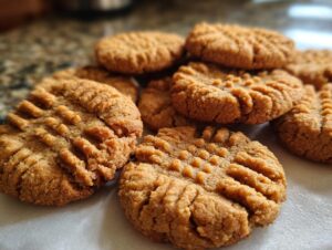 A close-up shot of a pile of perfect peanut butter cookies with classic fork marks.