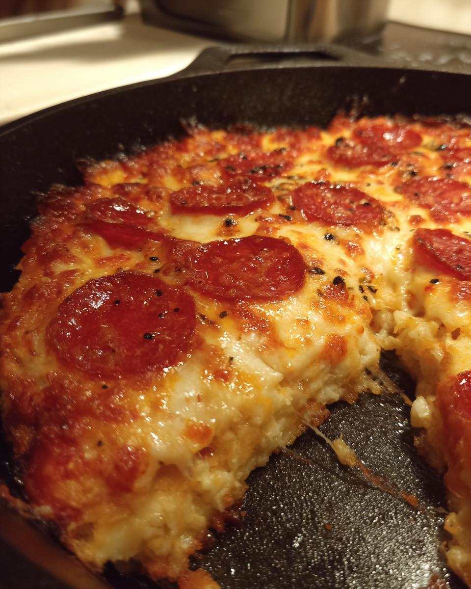 A close-up of a slice of pepperoni pizza lasagna skillet bake, showing melted cheese and pepperoni.
