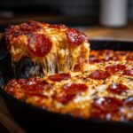 A slice of pepperoni pizza lasagna skillet bake being lifted, with melted cheese stretching.