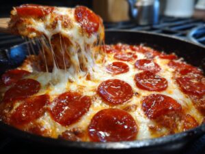 A slice of pizza lasagna skillet bake being lifted, showing strings of melted cheese and pepperoni.