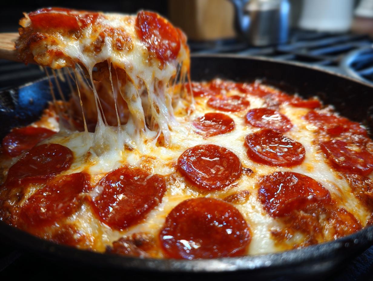A slice of pizza lasagna skillet bake being lifted, showing strings of melted cheese and pepperoni.
