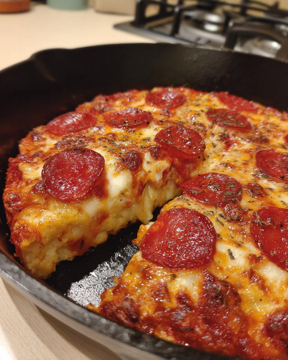 A slice of pepperoni pizza lasagna skillet bake with melted cheese and crispy pepperoni.