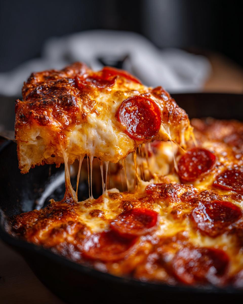 A slice of pepperoni pizza lasagna skillet bake being lifted, with melted cheese stretching.
