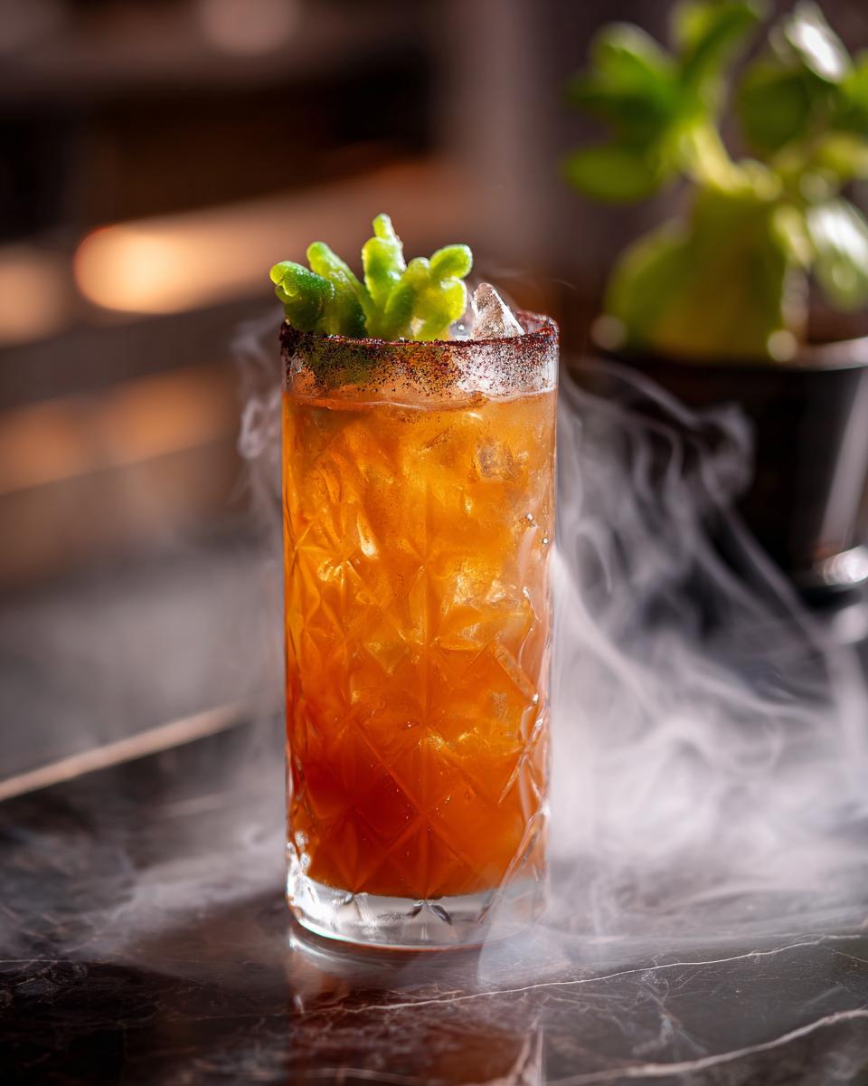A tall glass of amber-colored poison apple punch cocktail with ice, garnished with lime twists and a dark rim.