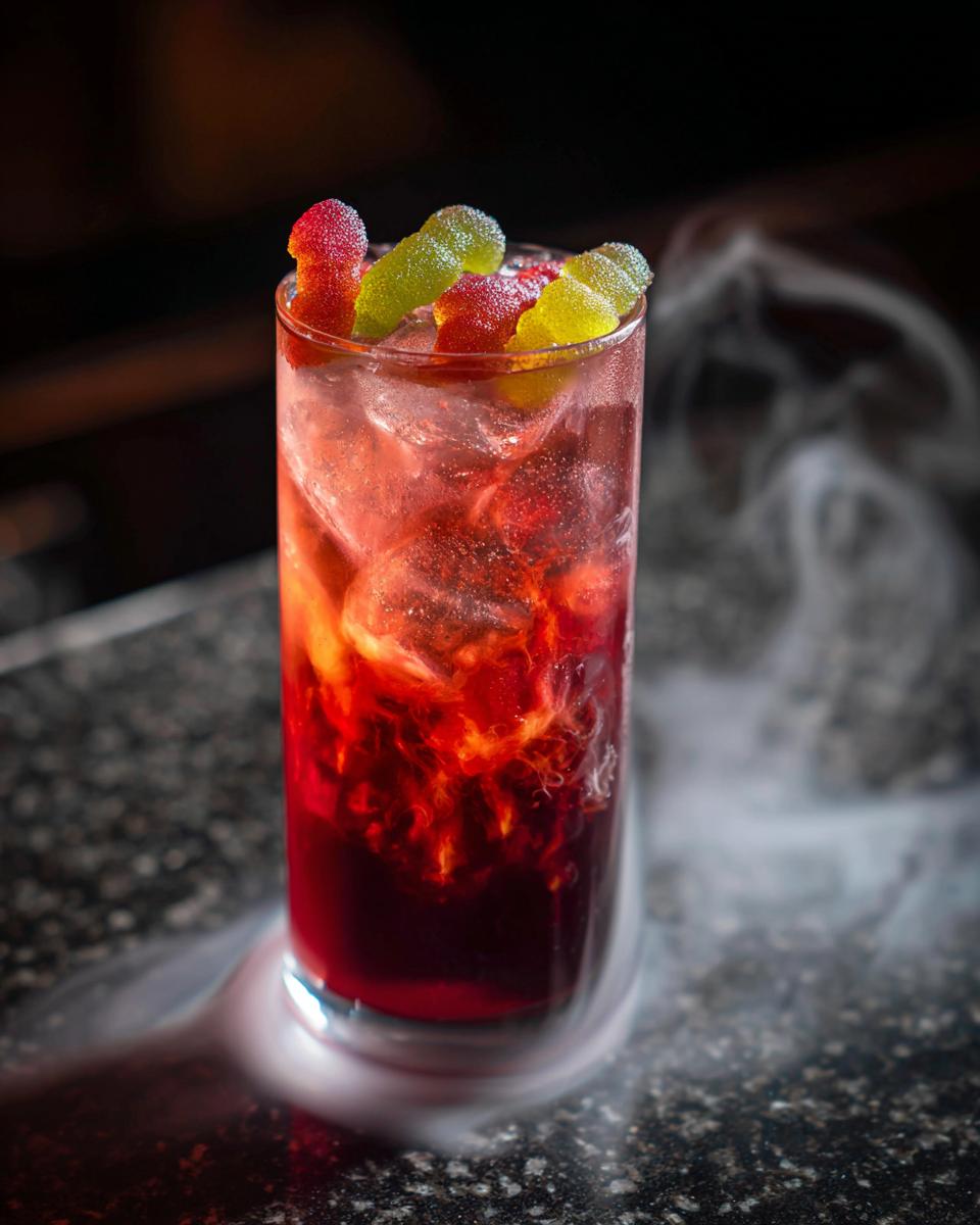 A tall glass filled with red poison apple punch, ice, and gummy worms, with smoke swirling around it.