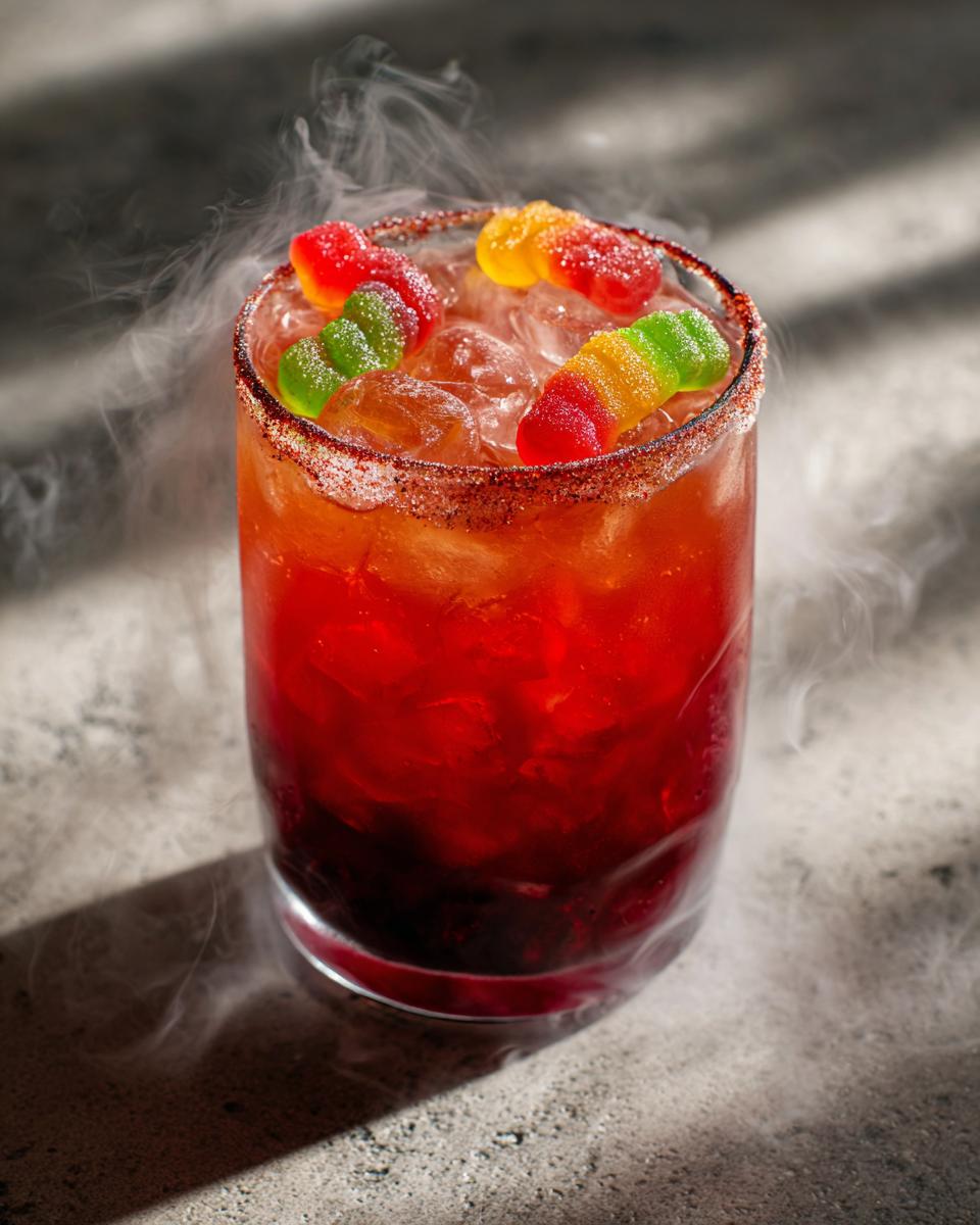 A spooky poison apple punch in a glass, rimmed with red sugar and garnished with gummy worms, with wisps of smoke.