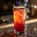A tall glass filled with vibrant red poison apple punch, garnished with a lime wedge and a smoky effect.