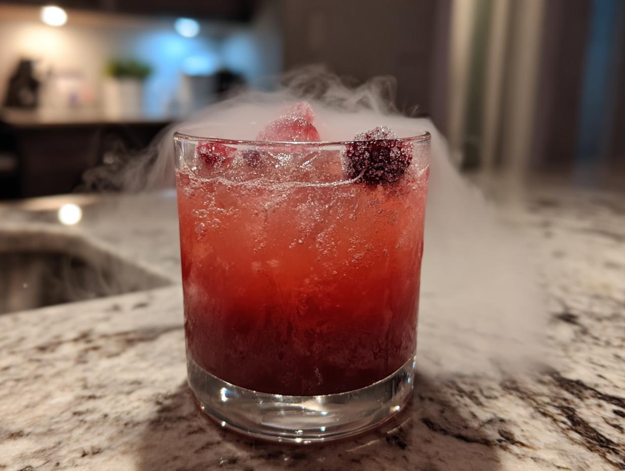 A spooky poison apple punch cocktail served with dry ice for a smoky effect, garnished with berries.