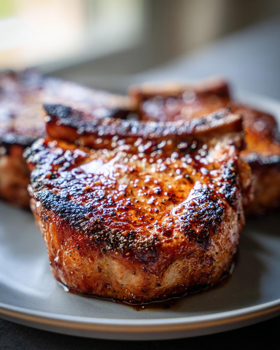 Close-up of perfectly cooked pork chops, glistening with a flavorful marinade.
