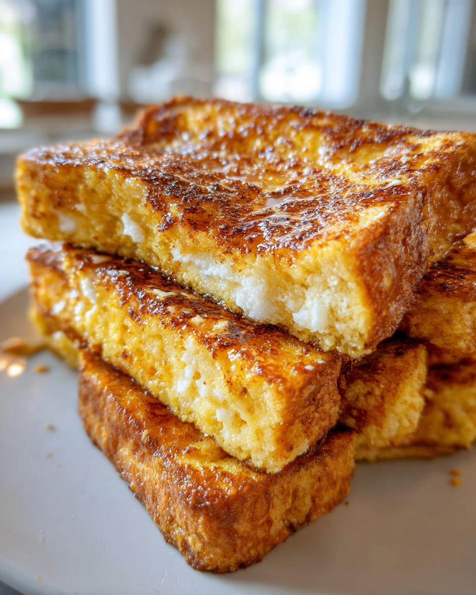 A close-up stack of golden-brown protein French toast slices, glistening with syrup.