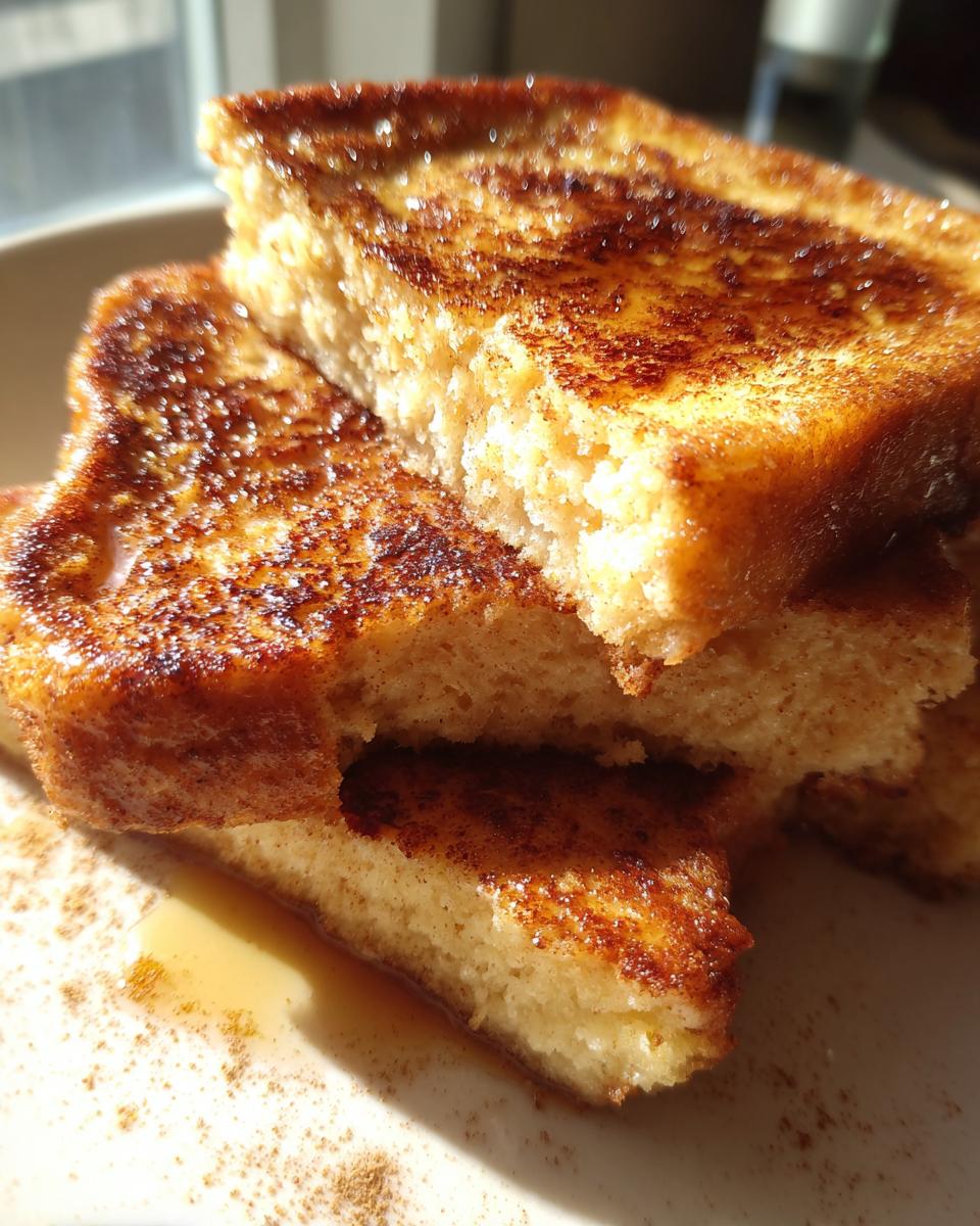 Close-up of a stack of golden-brown protein French toast slices sprinkled with cinnamon and drizzled with syrup.