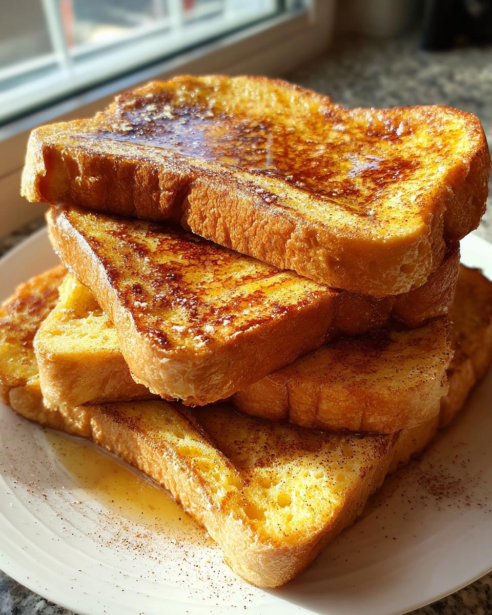 A stack of golden-brown protein French toast slices drizzled with syrup and sprinkled with cinnamon.