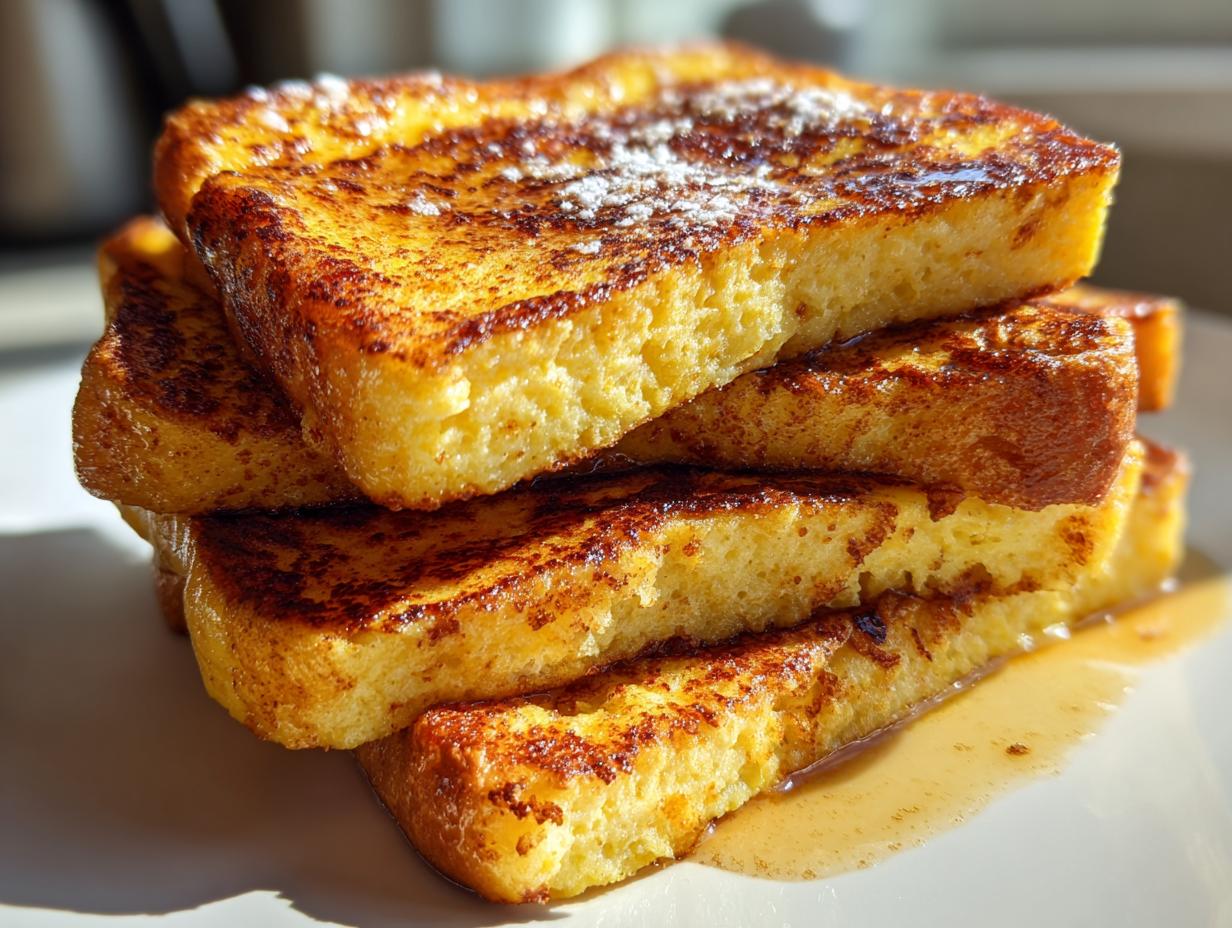 A close-up of a stack of golden-brown protein French toast slices drizzled with syrup.