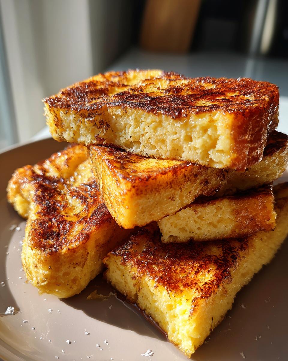 A stack of golden-brown protein French toast slices, dusted with cinnamon, on a plate.