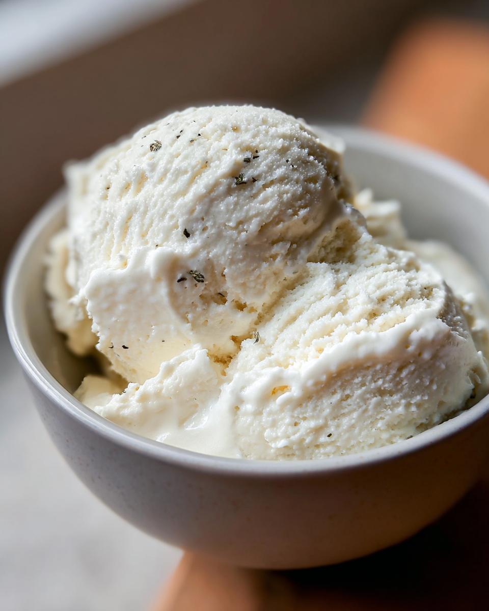 A close-up of a bowl filled with creamy scoops of protein ice cream, showing its texture and flecks of herbs.