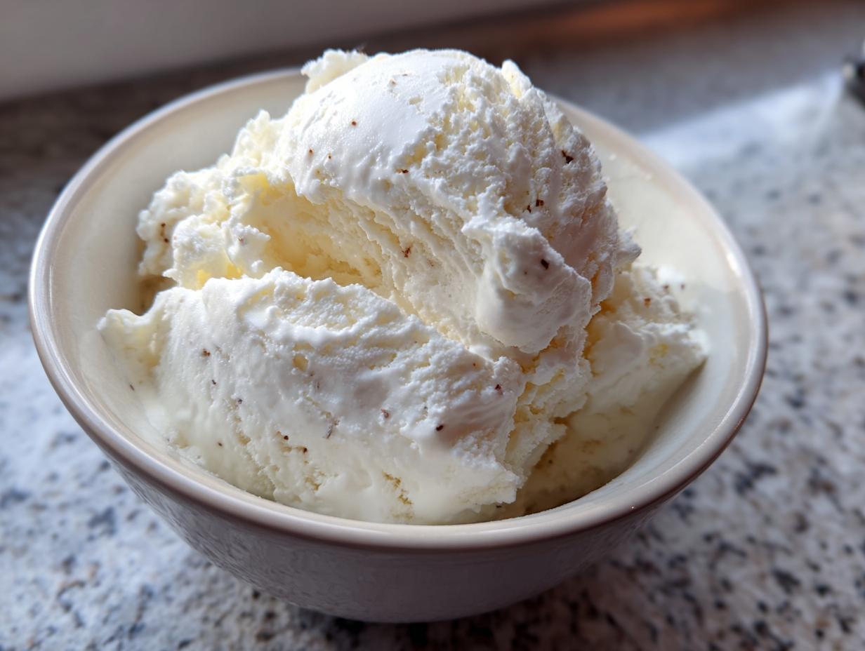 A bowl filled with creamy scoops of homemade protein ice cream, showing its smooth texture and small flecks.