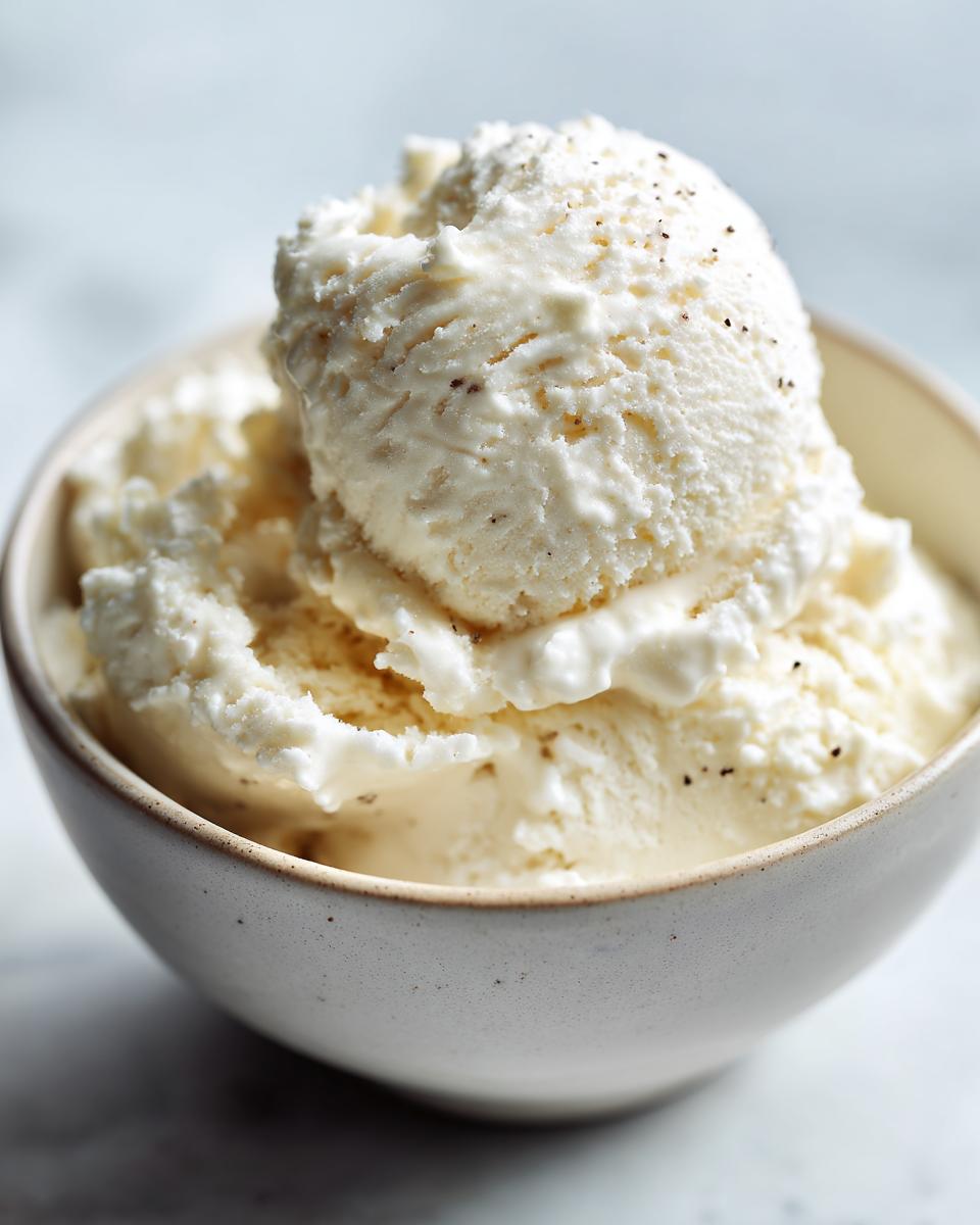 Close-up of creamy vanilla protein ice cream scoops in a speckled bowl, with visible vanilla bean specks.