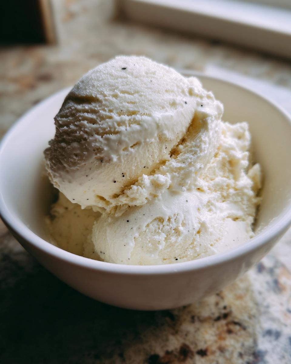 Close-up of creamy vanilla protein ice cream with visible vanilla bean specks in a white bowl.