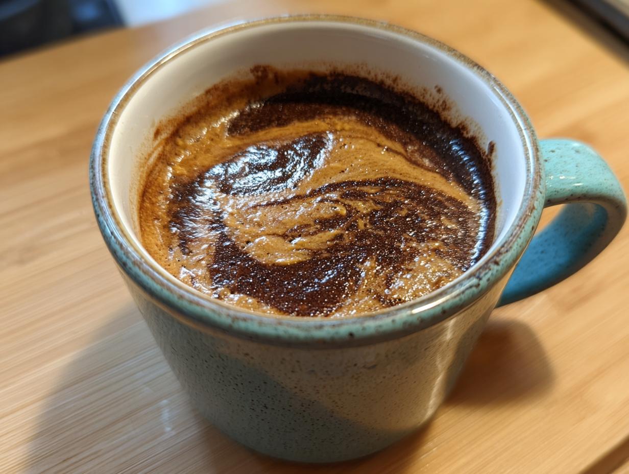 A delicious protein mug cake with a swirl of coffee on top, ready to be enjoyed.