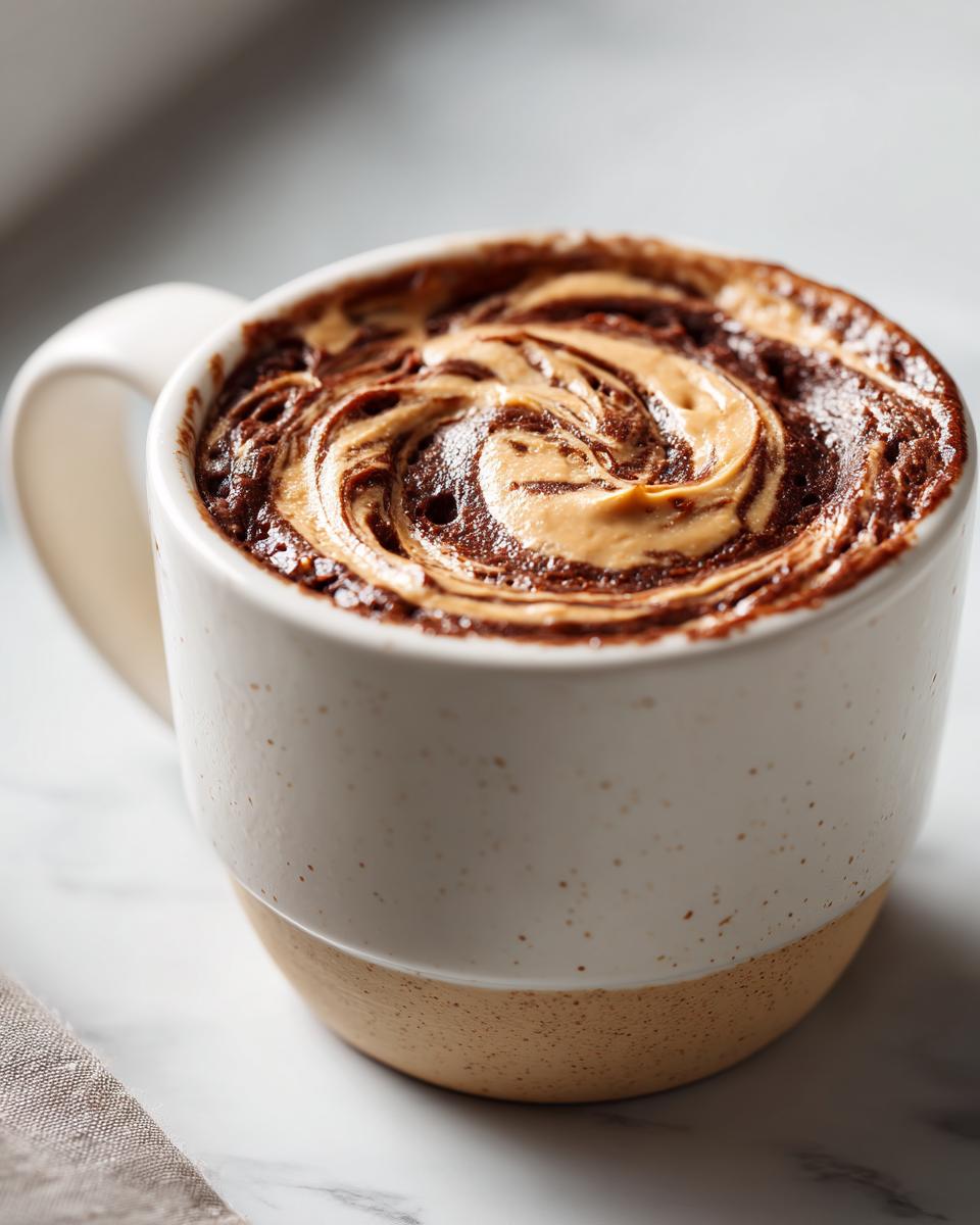 Close-up of a chocolate protein mug cake swirled with peanut butter in a white mug.