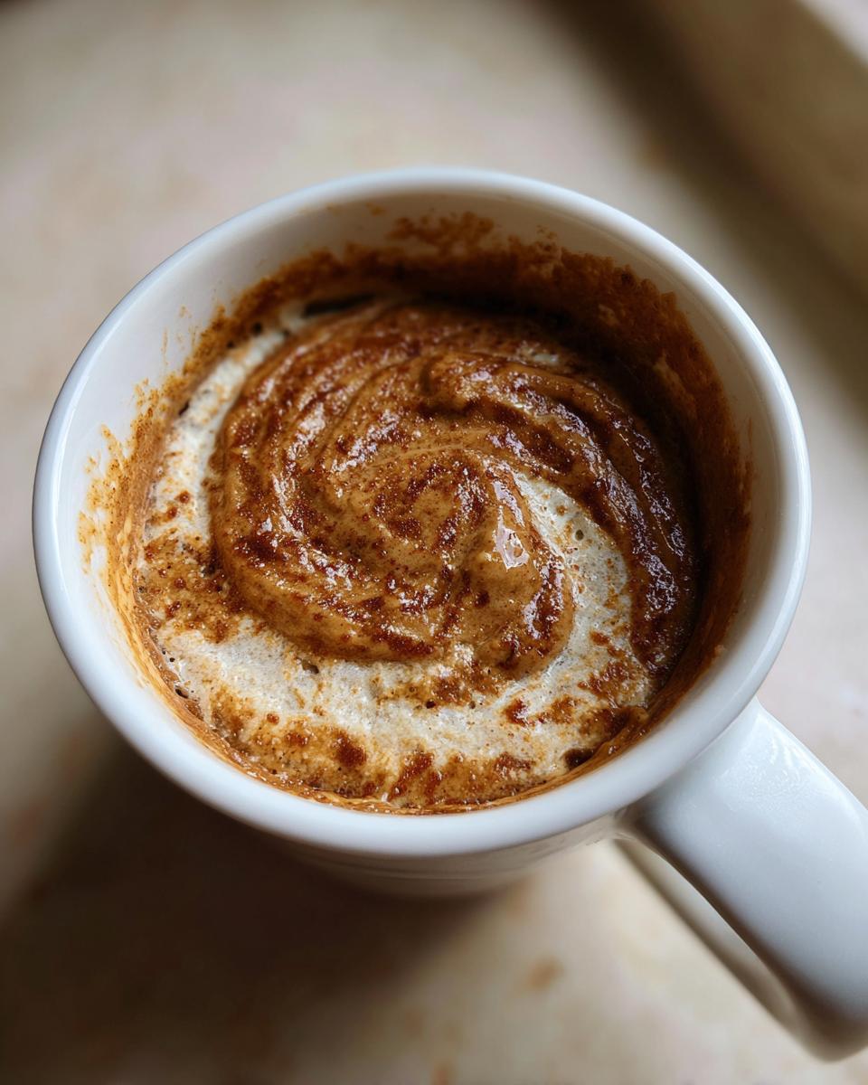Close-up of a warm protein mug cake with a swirled topping in a white mug.