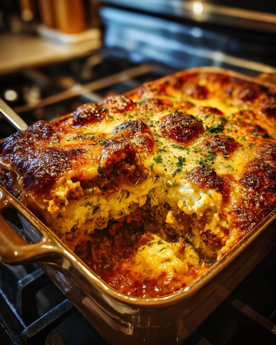 A slice of baked Pumpkin Kale Lasagna with bubbling cheese and a rich meat sauce.