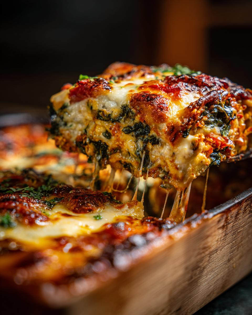 A slice of Pumpkin Kale Lasagna being lifted from a baking dish, with melted cheese stretching.