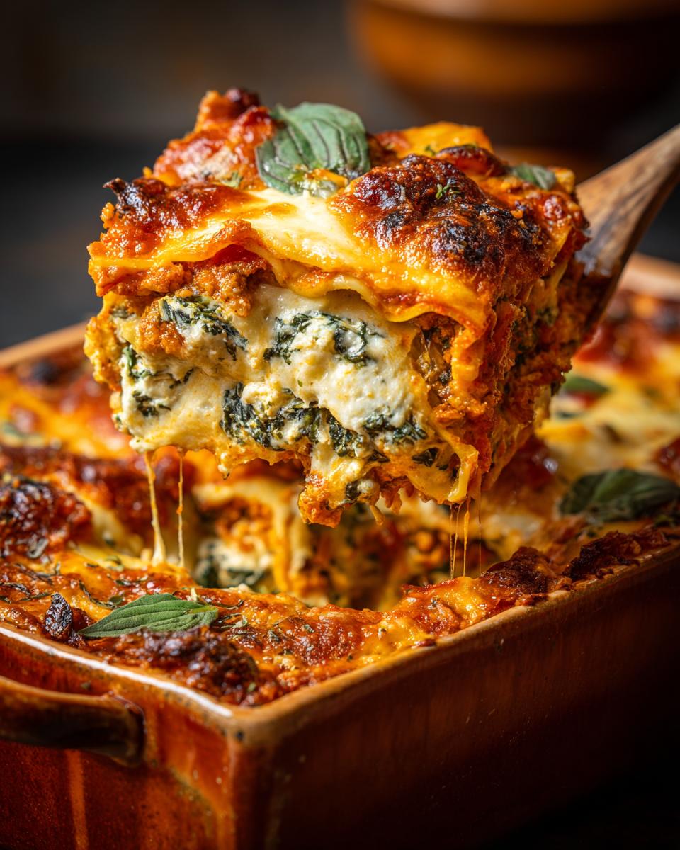 A scoop of delicious Pumpkin Kale Lasagna being lifted from a baking dish, showing layers of pasta, creamy filling, and kale, with melted cheese strings.