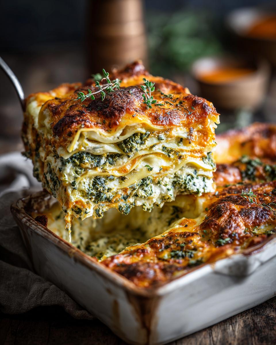 A slice of Pumpkin Kale Lasagna being lifted from a baking dish, showing layers of pasta, creamy filling, and melted cheese.