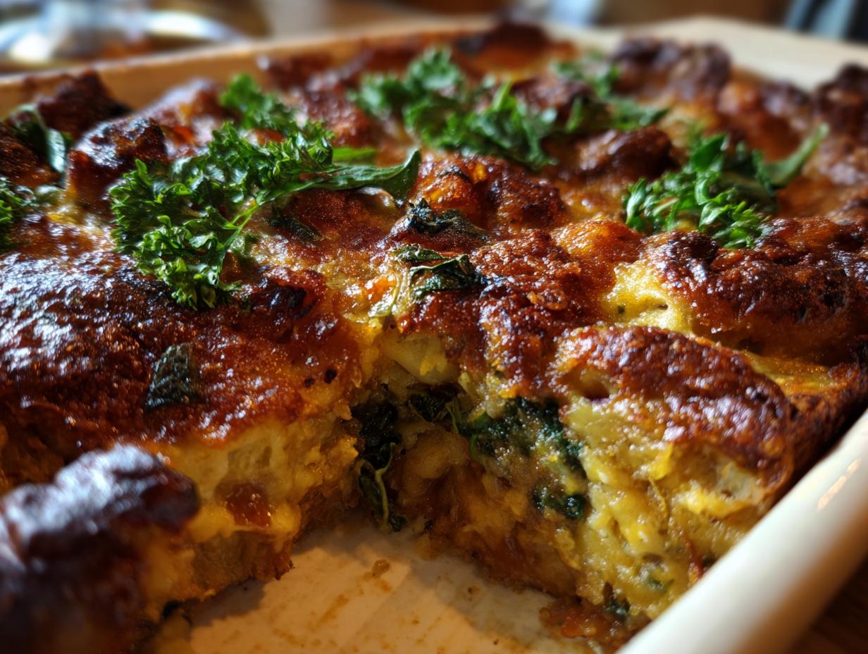 A close-up of a slice of Pumpkin Kale Lasagna, showing layers of pasta, pumpkin, and kale with a golden-brown cheesy topping.