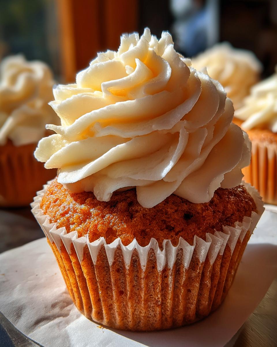 Close-up of a moist pumpkin spice cupcake topped with swirls of creamy frosting.