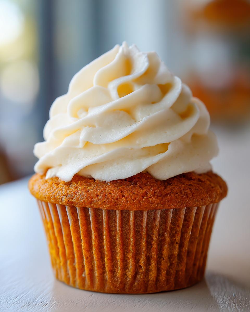 A close-up of a perfectly baked pumpkin spice cupcake topped with swirls of creamy frosting.