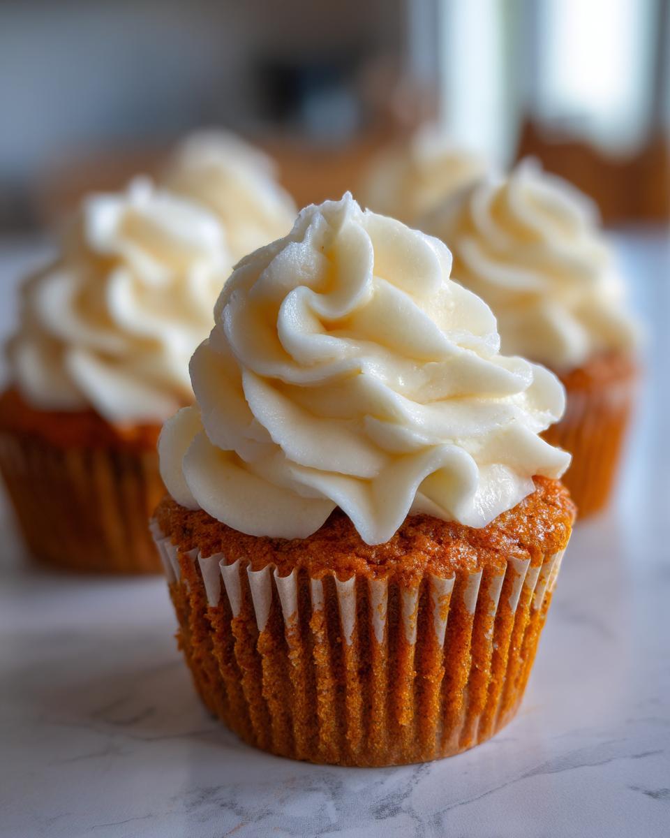 Close-up of a pumpkin spice cupcake topped with swirls of creamy white frosting, with other cupcakes blurred in the background.
