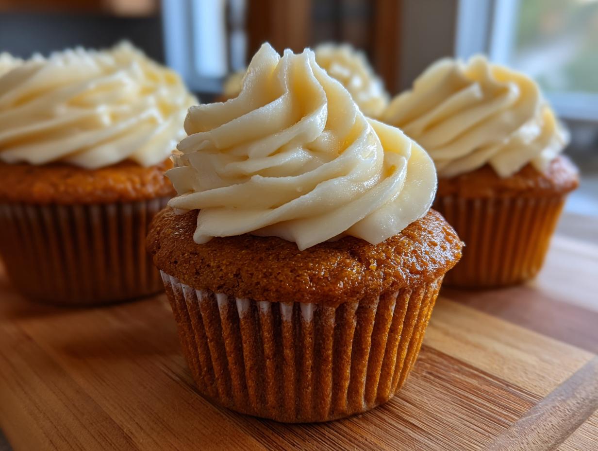 Close-up of a perfectly baked pumpkin spice cupcake topped with swirls of creamy frosting.