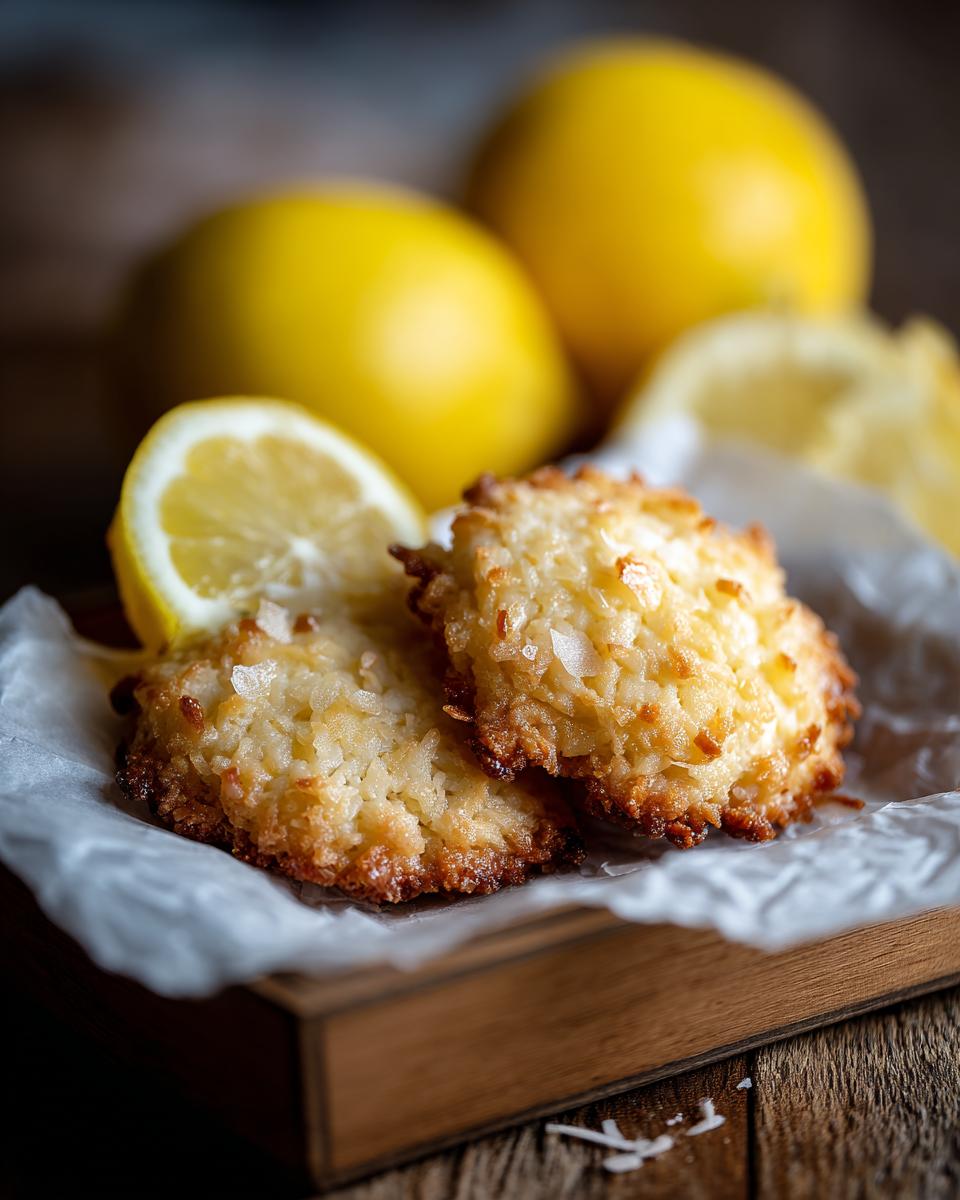 Two bright rigatoni bake cookies with shredded coconut and lemon slices in the background.