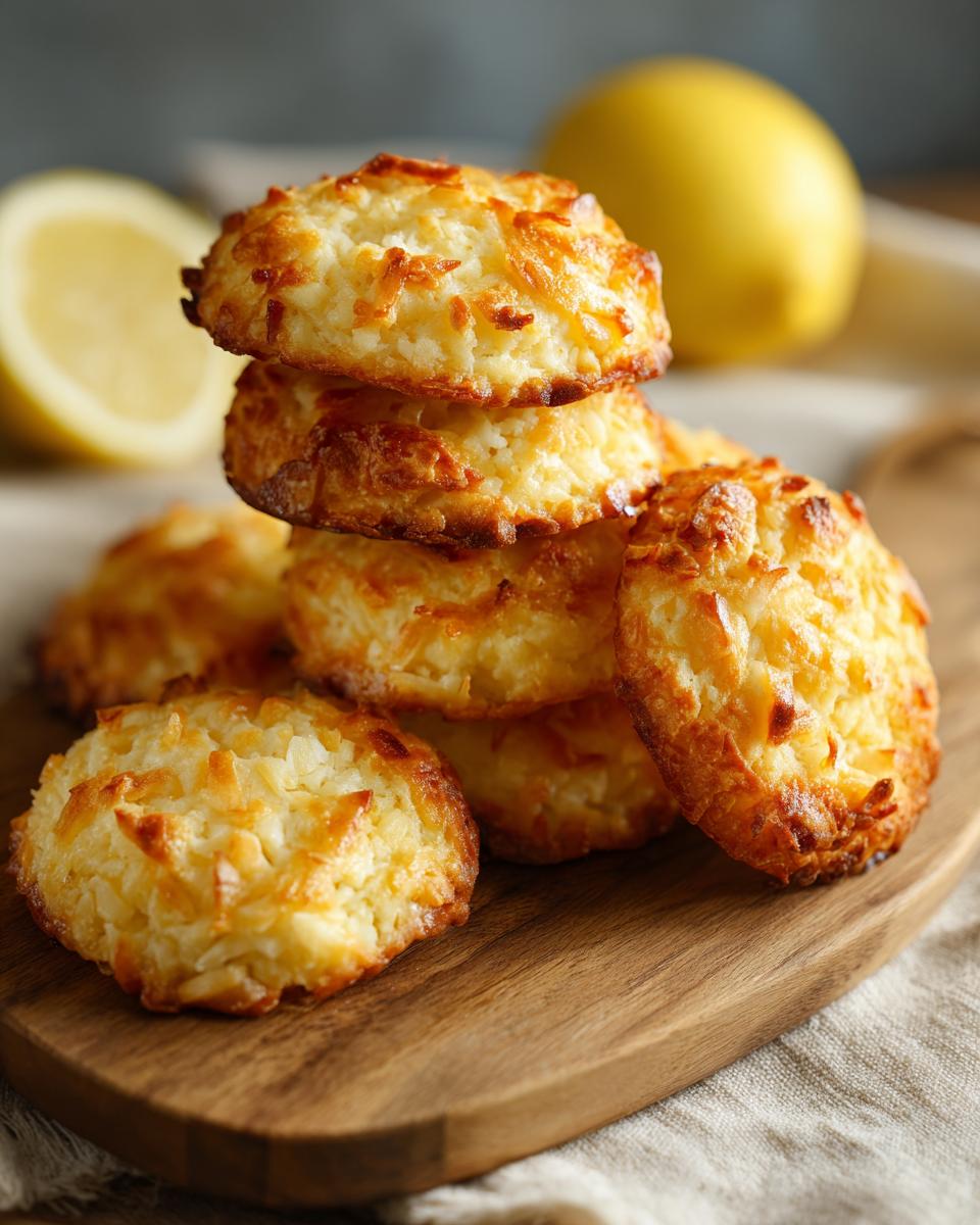 A stack of golden-brown rigatoni bake cookies with shredded coconut, next to a halved lemon.