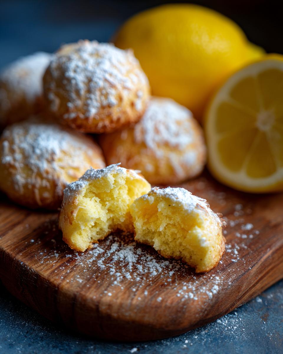 Close-up of bright rigatoni bake cookies, dusted with powdered sugar, with a lemon half in the background.