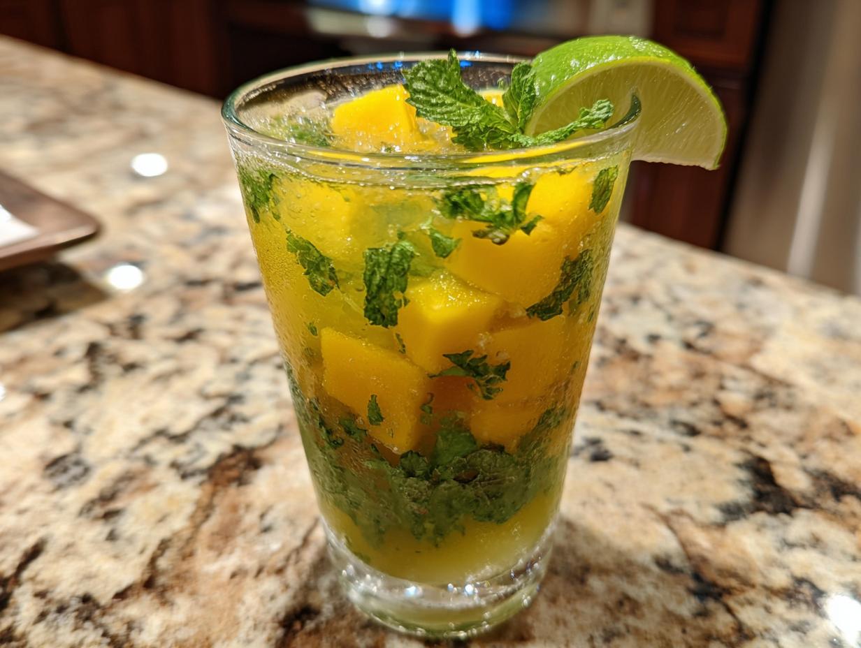 A refreshing mango mint mojito with lime, perfect for pairing with roasted sweet potato rounds.