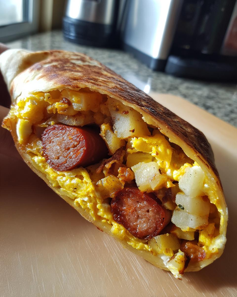 A close-up of a delicious sausage potato egg breakfast burrito, showing the hearty filling.