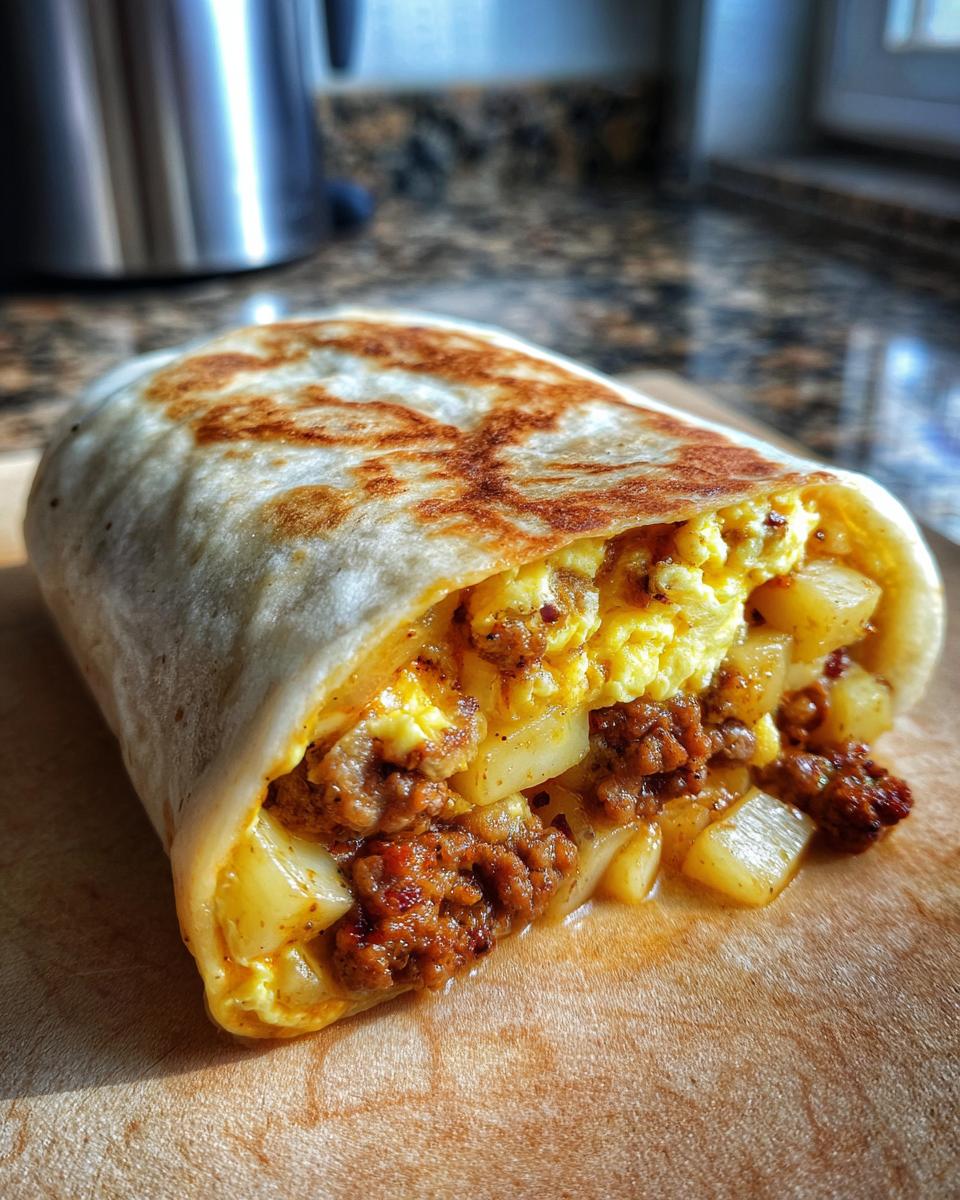 A hearty sausage potato egg breakfast burrito, grilled to perfection, showing a generous filling.
