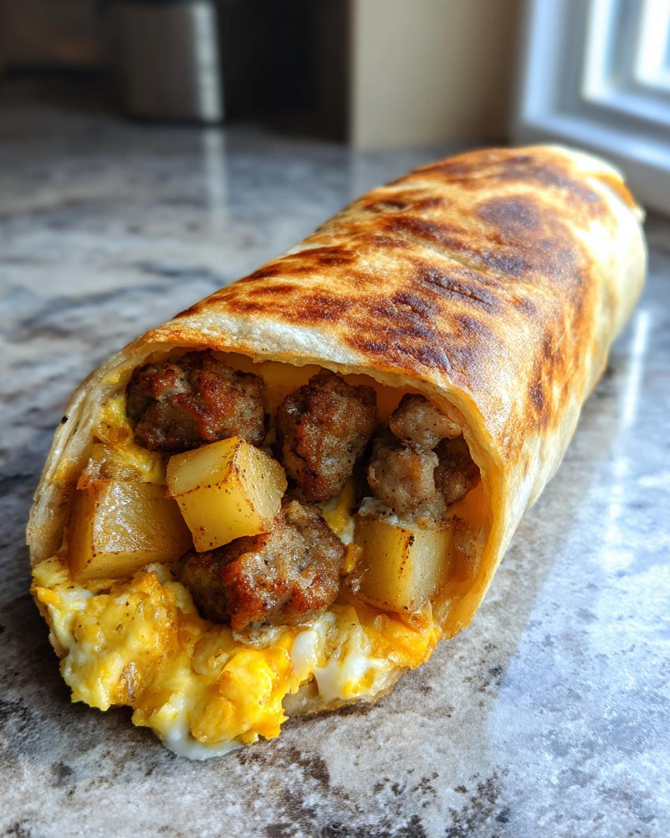 A close-up view of a perfectly grilled sausage potato egg breakfast burrito, showing the savory filling.