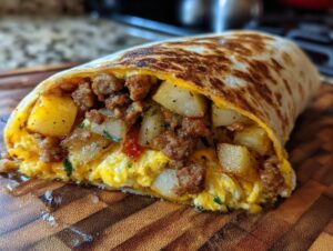 A delicious sausage potato egg breakfast burrito cut in half, showing scrambled eggs, diced potatoes, and crumbled sausage.