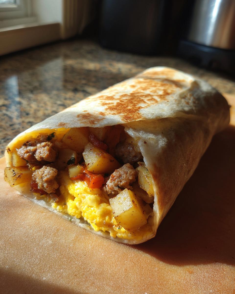 A close-up of a delicious sausage potato egg breakfast burrito, showing scrambled eggs, diced potatoes, and crumbled sausage.