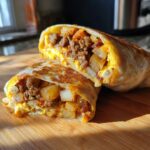 Close-up of a cut sausage potato egg breakfast burrito showing hearty filling of seasoned sausage, diced potatoes, and scrambled eggs.