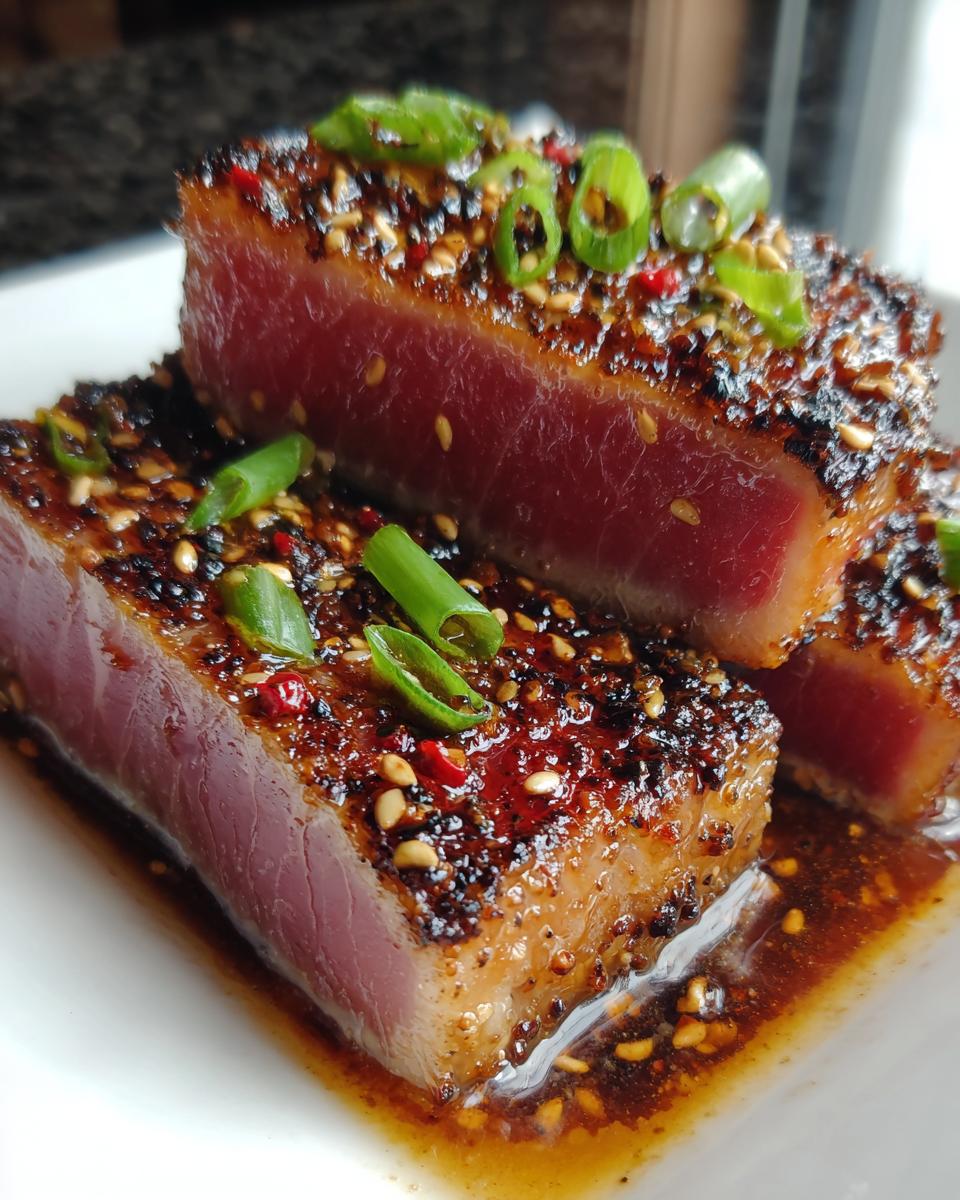 Close-up of perfectly seared ahi tuna steaks coated in sesame seeds and spices, served with a savory sauce.